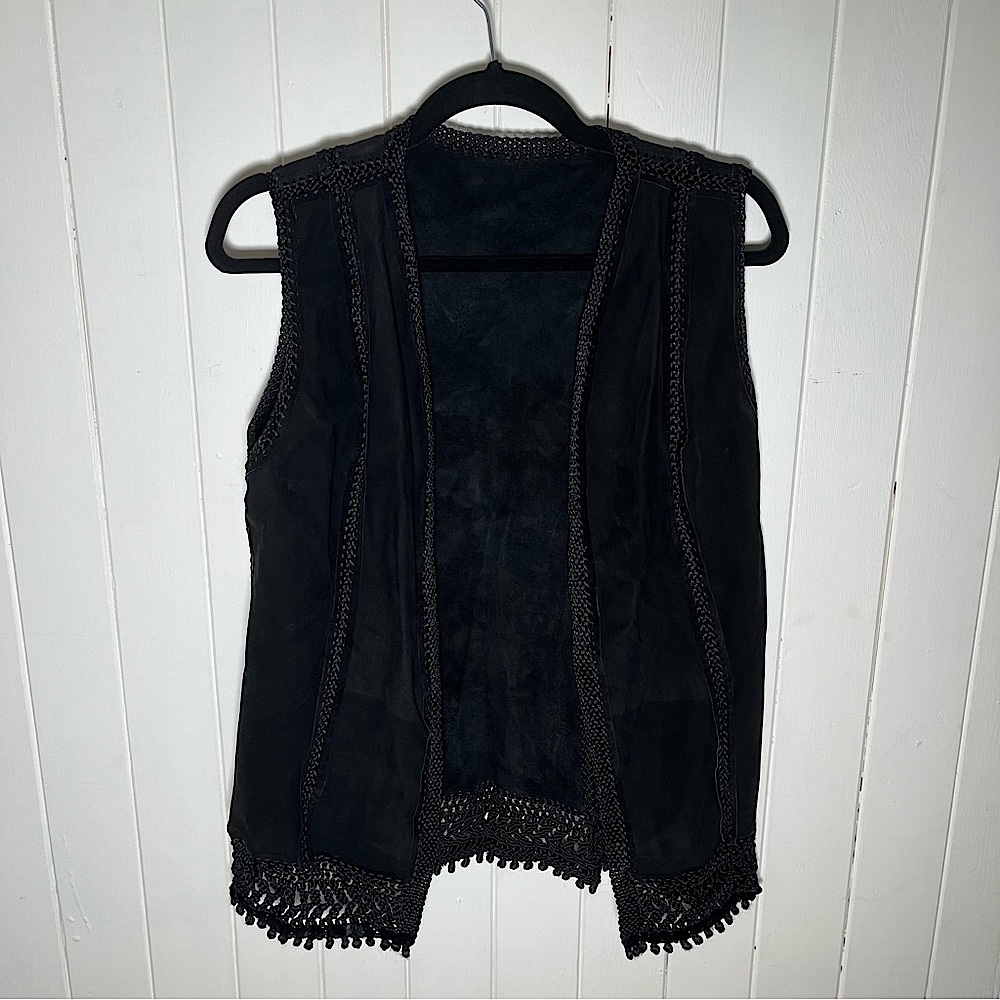 Black Suede Leather Braided Embroidered Vest